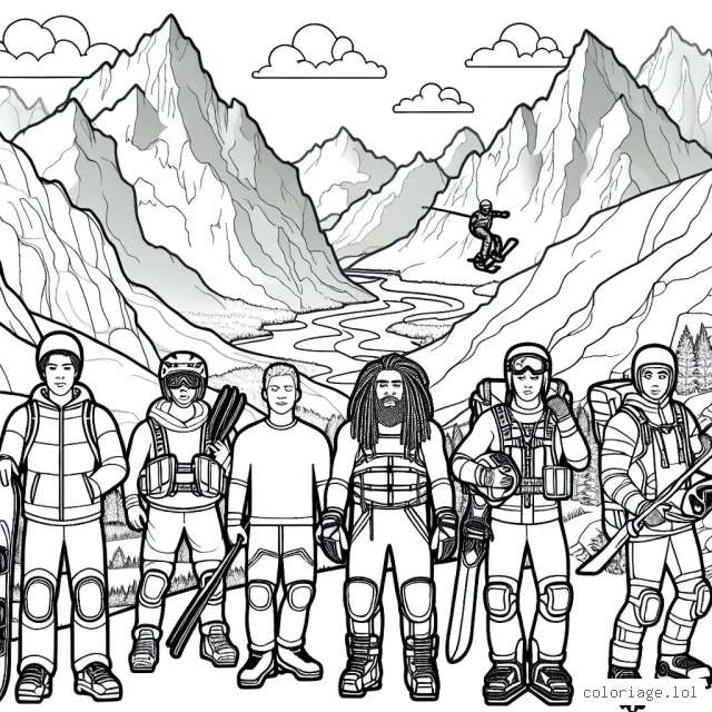 Le championnat de sports extrêmes, parmi les montagnes, cours d'eau et airs, avec des athlètes prêts à la compétition et leurs équipements divers.