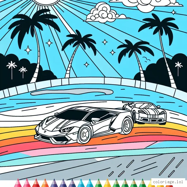 Dessine une course de voitures de sport colorées sous un ciel bleu éclatant avec des palmiers en arrière-plan