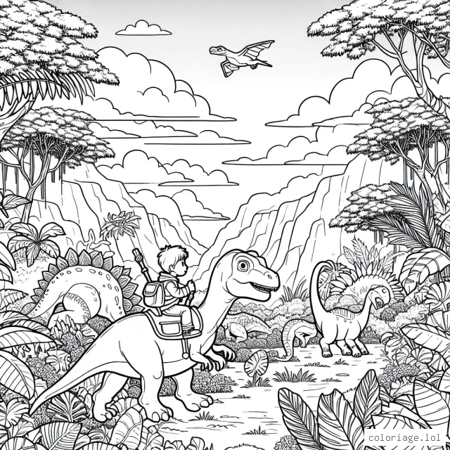 Un petit garçon courageux chevauche un gigantesque dinosaure à travers une jungle dense, rempli de plantes luxuriantes et d'autres dinosaures. Il est armé d'un bâton de recherche, prêt à explorer l'inexploré. Le ciel, rempli de nuages de différentes formes, offre un magnifique coucher de soleil.