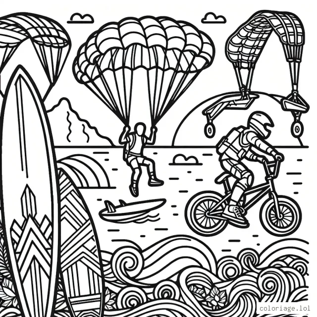 Fais ressortir les couleurs vives et dynamiques des planches de surf, des parachutes et des vélos BMX tout en recréant l'excitation et l'adrénaline des sports extrêmes.