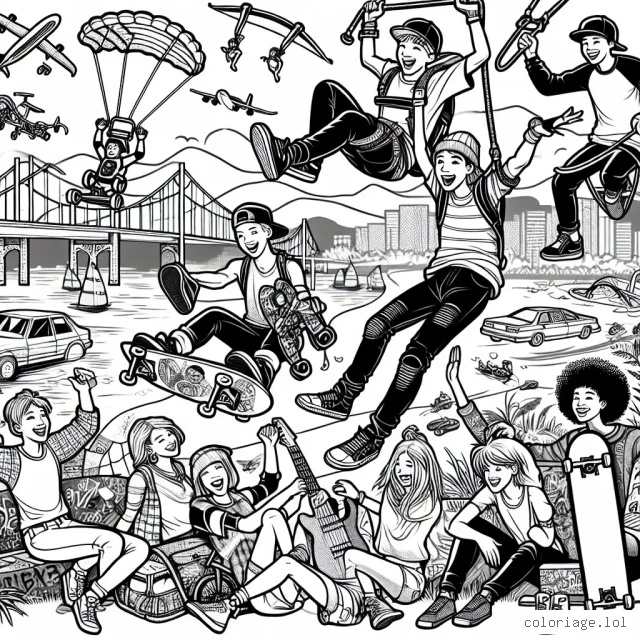 Montrer un groupe de jeunes en train de s'amuser avec différents sports extrêmes comme le skateboard, le BMX, le surf et le saut à l'élastique. Ils devraient être dynamiques et heureux, dans un cadre urbain avec des graffitis et des skateparks, ainsi qu'à la campagne avec des rivières et des ponts. Faire ressortir les détails de l'équipement sportif et des expressions émotionnelles.