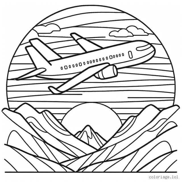 Dessine un avion de ligne au-dessus des montagnes avec le soleil couchant en arrière-plan
