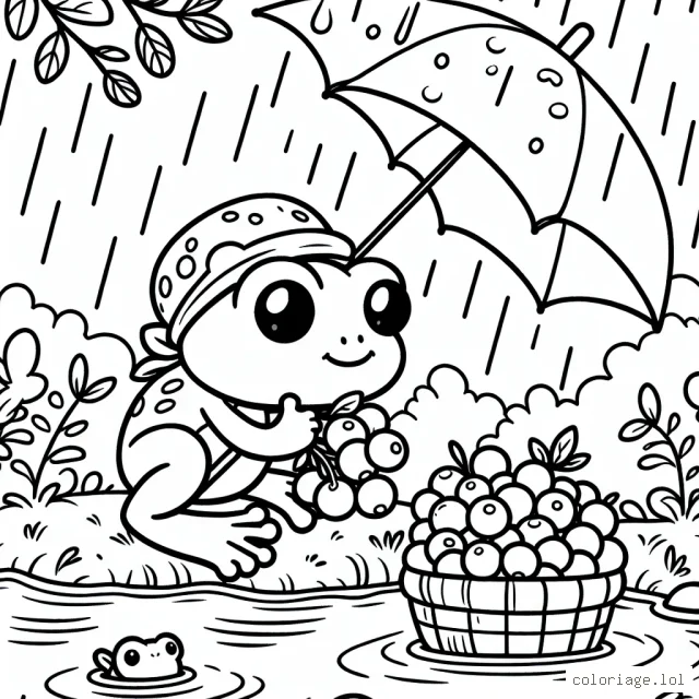 Une petite grenouille braverait-elle la pluie pour ramener des baies à sa famille ? Dessine la grenouille en utilisant seulement les couleurs vert, bleu et rouge.