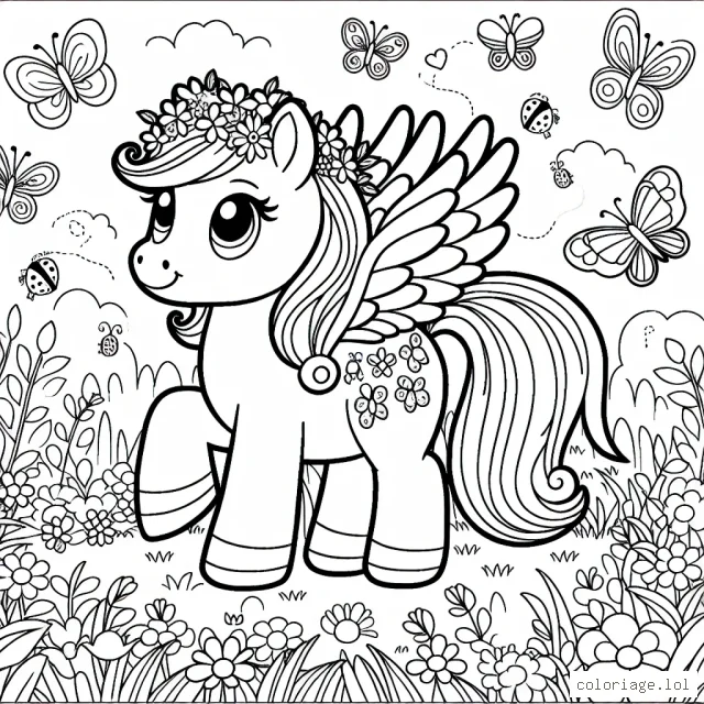 Un petit poney ailé vagabonde dans une prairie fleurie en plein printemps, entouré de papillons colorés, de coccinelles et d'oiseaux chanteurs.