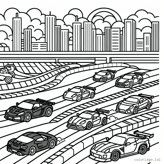 Un circuit de course avec des voitures de différents modèles, un paysage urbain en arrière-plan et un ciel ensoleillé.