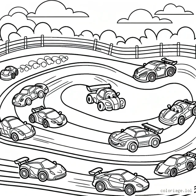Une course animée sur une piste tordue avec différents types de voitures