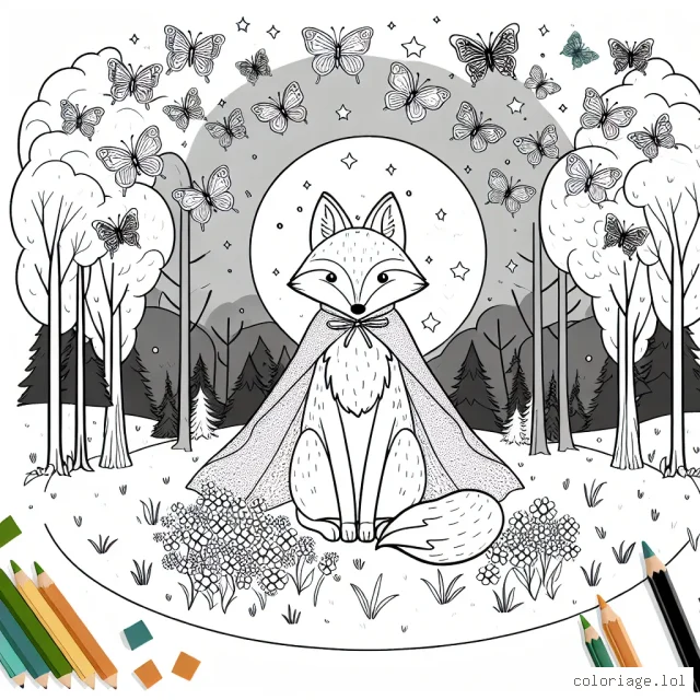 Dessine une forêt enchantée avec un renard portant une cape magique et des papillons multicolores qui lui servent de couronne.
