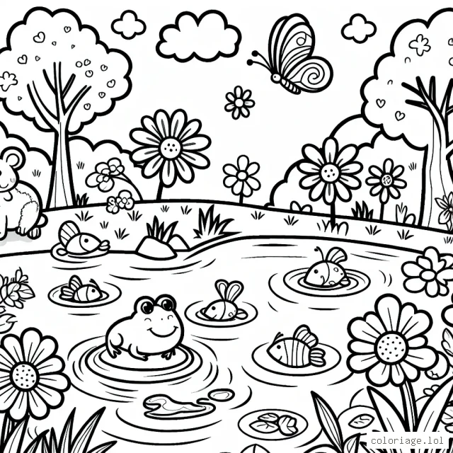 Une petite grenouille batifole dans une mare entourée de fleurs sauvages et arbres luxuriants. Il y a des poissons colorés dans la mare, un papillon voltige et quelques cochons d'Inde regardent de loin.