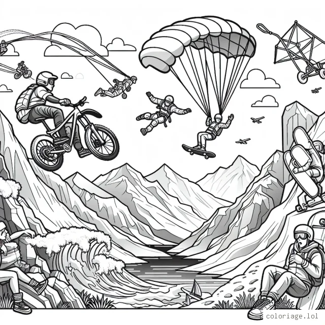 Des sportifs en pleine action pratiquant différents sports extrêmes comme le vtt de descente sur une piste rocailleuse, le saut en parachute au-dessus de montagnes enneigées, le surf sur une vague géante, l'escalade d'un rocher abrupt et le skateboard sur une rampe de skate