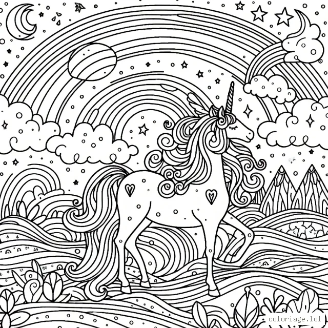 Un paysage mystique avec une licorne et un arc-en-ciel