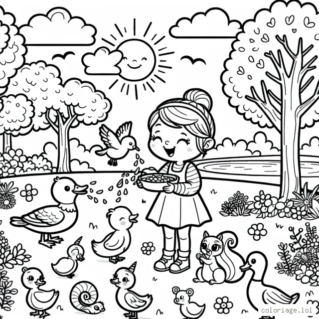 Une petite fille joyeuse nourrit de nombreux animaux dans un parc ensoleillé. Il y a des canards, des écureuils, des oiseaux et même une licorne cachée, embrassant tous le partage d'aliments et la compagnie. De beaux arbres, des fleurs et un étang garnissent l'arrière-plan.