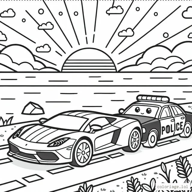 Dessine une course passionnante entre une voiture de sport rouge vif et une voiture de police bleue sur une route sinueuse à côté de la mer au coucher du soleil.