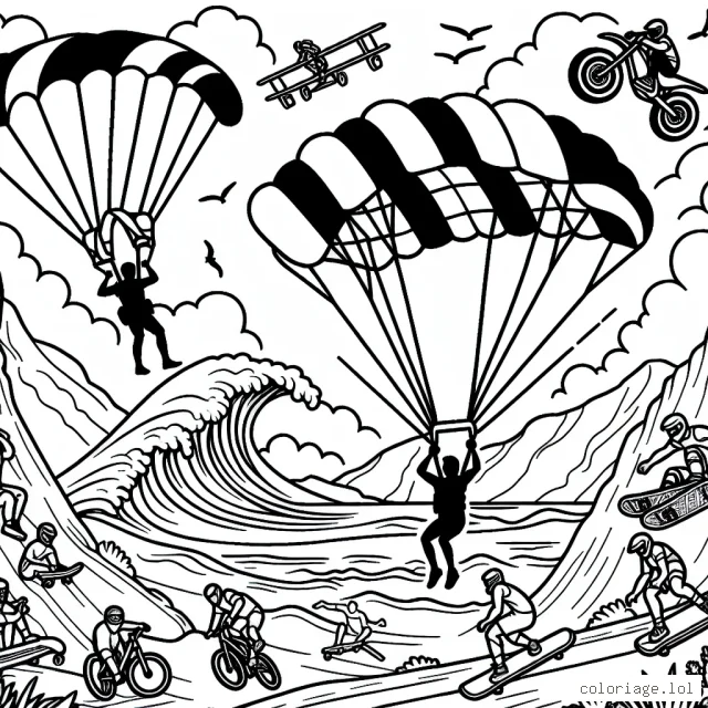 Imaginez une scène où plusieurs sportifs pratiquent différents sports extrêmes tels que le parachutisme, le surf de gros, le VTT de descente et le skateboarding sur des rampes vertigineuses. Fais preuve de créativité et d'imagination pour donner vie à cette scène pleine d'adrénaline.