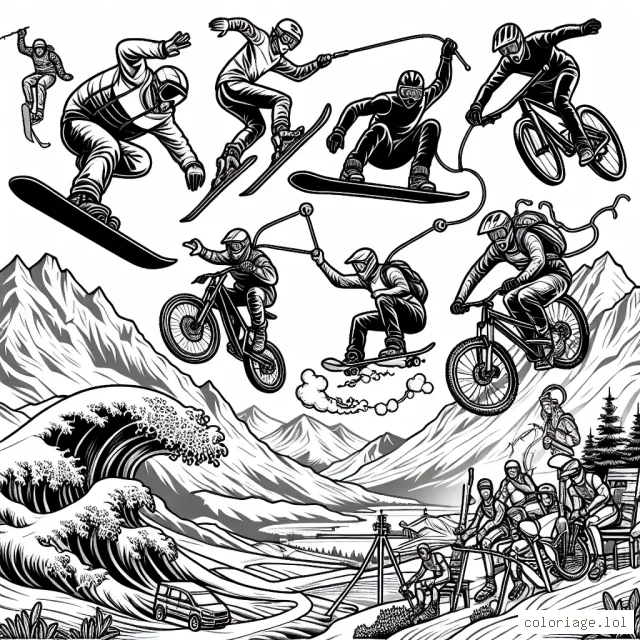 Présente une scène de sports extrêmes où différents athlètes s'engagent dans diverses activités trépidantes telles que le surf de grandes vagues, le saut à ski, le VTT de descente, le skateboarding aérien et l'escalade de montagne.