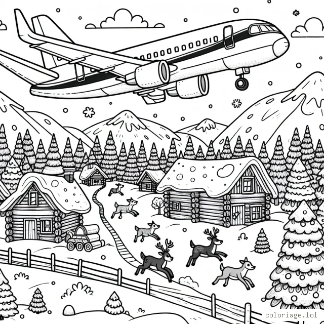 Dessine un avion de ligne survolant un paysage hivernal parsemé de chalets en bois et d'animaux en pleine course dans la neige, ainsi que des sapins couronnés de blanc.