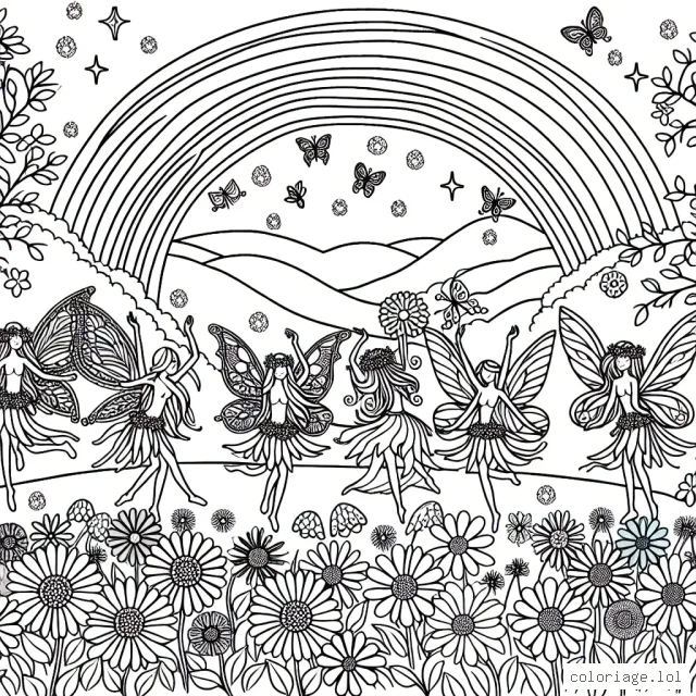 Un paysage enchanteur de fées douces et gracieuses dansant autour d'un champ de fleurs multicolores, sous un arc-en-ciel scintillant.