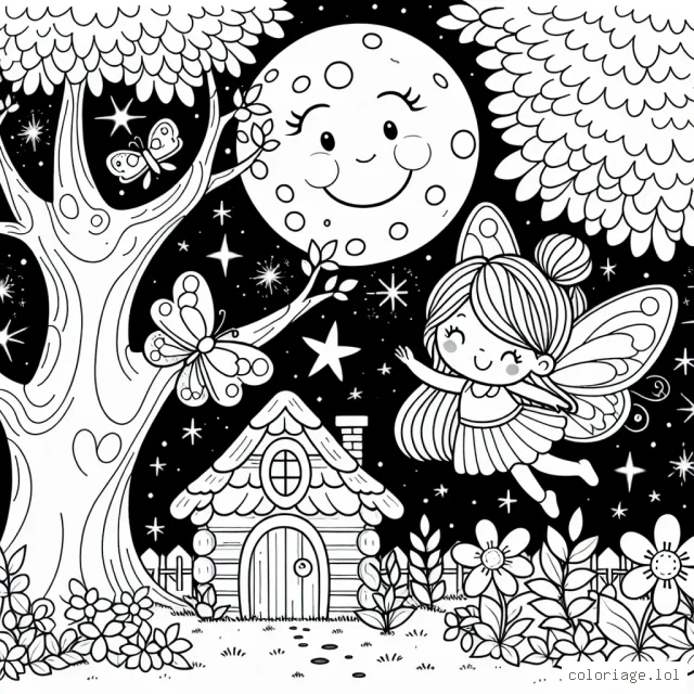 C'est l'heure d'éveiller votre imagination avec une scène enchantée. une fée mignonne vole près de son arbre maison, un papillon et des fleurs autour d'elle. la lune souriante et des étoiles scintillantes remplissent le ciel nocturne.