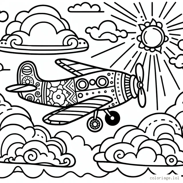 Imagine un avion qui vole haut dans le ciel, décoré de belles formes et motifs. Il est parmi les nuages et le soleil brille au loin.