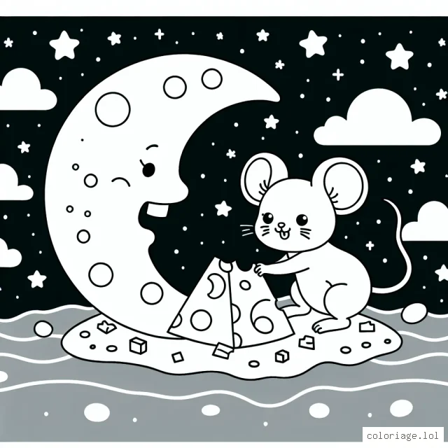 Une petite souris joue avec des miettes de fromage sur la lune.