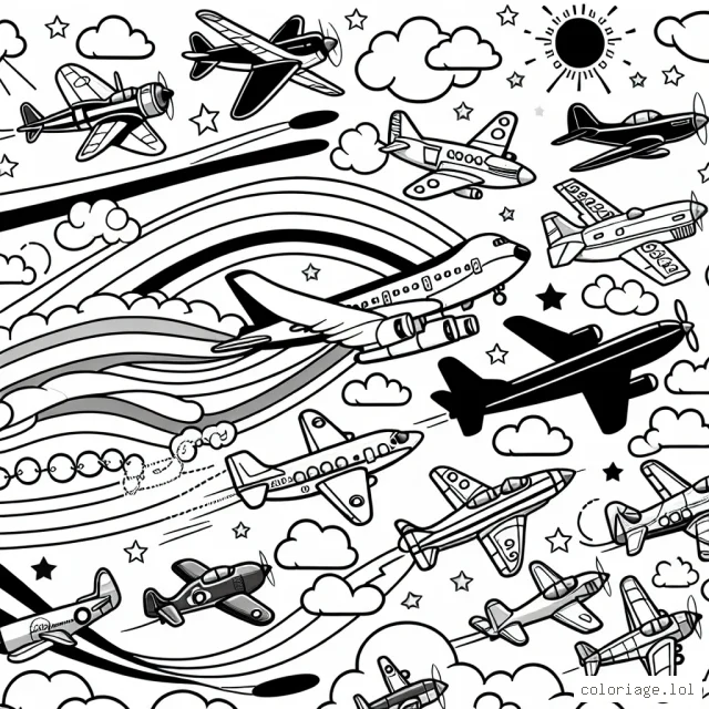 Sur cette page, tu peux colorier un spectacle aérien incroyable ! Il y a tous types d'avions, des avions de chasse rapides aux gros avions de passagers, et même un petit avion à hélices. Tu peux voir les avions voler à différentes altitudes, laissant derrière eux des traînées multicolores dans le ciel. Il y a aussi des nuages flottants que tu peux colorier. Amuse-toi à remplir cette scène pleine d'action avec tes couleurs préférées.
