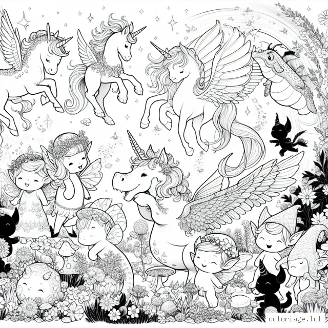 Une parade de créatures enchantées se promène dans un jardin féerique. Il y a des licornes, des faunes, des fées, des gnomes et même un dragon doux qui crache des étoiles plutôt que du feu. Imaginez toutes ces couleurs que vous pouvez utiliser pour donner vie à ce paysage! N'oubliez pas les détails comme les fleurs dans le jardin, les écailles du dragon et la douce lueur qui entoure chaque créature enchantée.
