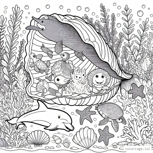 Un coquillage géant abrite une série d'animaux marins, y compris des poissons tropicaux colorés, des dauphins souriants, une tortue paresseuse, une étoile de mer scintillante et un crabe dansant. Le tout sur un fond de mer bleue avec des algues et des coraux variés.