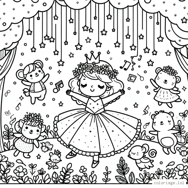 Notre princesse danse sous une pluie d'étoiles filantes dans son jardin enchanté. Elle est entourée par de petits animaux mignons jouant ensemble et faisant de la musique.