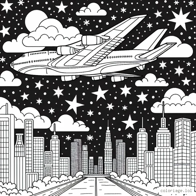 Sur cette image, tu peux voir un avion dans le ciel étoilé. L'avion est grand et majestueux. Il vole au-dessus d'une ville illuminée la nuit. Ton défi est de colorier l'avion, le ciel étoilé, la ville lumineuse et toute la scène avec tes couleurs préférées. Amuse-toi bien!