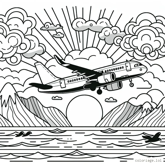 Un avion est en plein vol au-dessus de la mer et des montagnes avec un coucher de soleil en arrière-plan. II y a aussi plusieurs formes de nuages dans le ciel. Dans l'avion, on peut voir le pilote à travers le cockpit. Deux petits oiseaux volent à côté de l'avion.