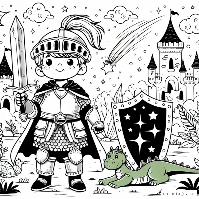 Un petit garçon courageux en tenue de chevalier se tient devant un château magique. Il est équipé d'une épée étincelante et d'un bouclier solide. Derrière lui, son fidèle dragon vert sommeille, et dans le ciel étoilé, une comète passe. Des créatures fantastiques et féeriques l'entourent.