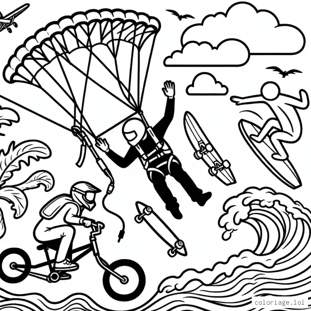 Imagine que tu sautes en parachute, tu pratiques le surf et fais du BMX en même temps ! Comment serait-ce ? Couleurs, formes ... Laisse libre cours à ton imagination !