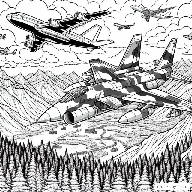 Un convoi aérien exceptionnel survole un paysage de montagnes et de forêts intactes. Au premier plan, un avion de chasse classique, avec des détails fins et précis, fend l'air. Juste derrière lui, un avion de transport militaire gigantesque, rempli de fins détails techniques. Au loin, un avion de ligne traverse le ciel, ses ailes énormes contournant les nuages. Des montagnes majestueuses traversent l'horizon et touchent le ciel. Des forêts lourdes et denses couvrent la majeure partie du paysage en dessous, ajoutant de la couleur et de la complexité à la scène.