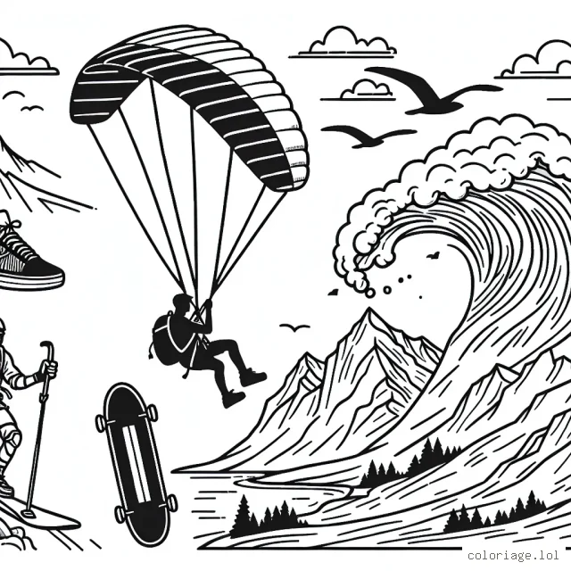 Un parapentiste volant au-dessus des montagnes avec une planche de skateboard, un surfeur sur une énorme vague, un grimpeur qui s'élève sur de hautes falaises et un coureur de cross-country à toute vitesse