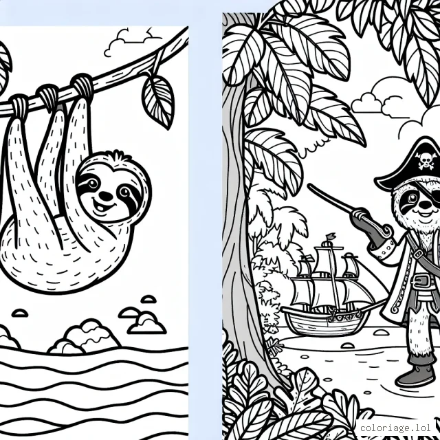 Un paresseux se balance sur une liane avec un pirate qui tient une carte au trésor dans la forêt tropicale.