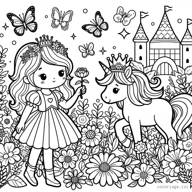 Une petite princesse et son royaume féerique plein de fleurs multicolores, papillons dansants et une licorne ravissante
