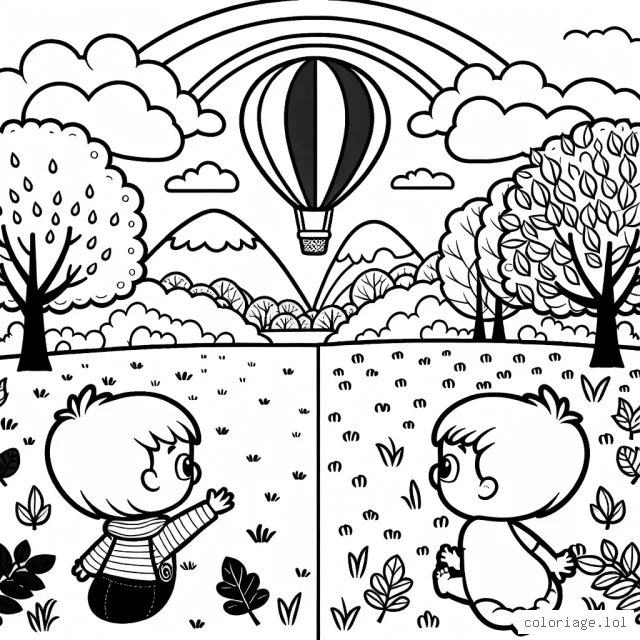 Un petit garçon émerveillé devant un paysage d’automne avec des arbres, une montgolfière et un arc-en-ciel dans le ciel