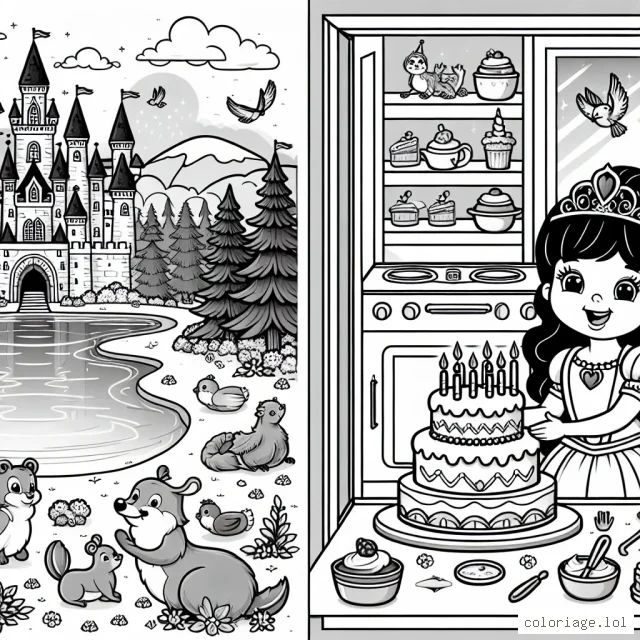 Un magnifique château de princesse au bord d'un lac étincelant, entouré d'animaux de la forêt et d'oiseaux volants de toutes les couleurs. À l'intérieur, la princesse est en train de préparer un gâteau d'anniversaire dans une cuisine royale pour ses amis.