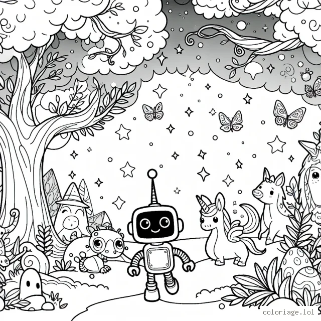 Un petit robot amical explore une forêt enchantée peuplée d'animaux magiques