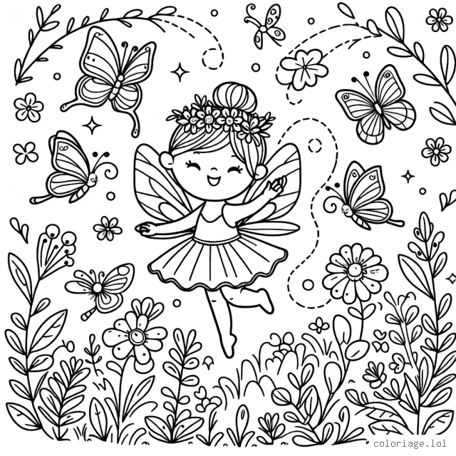La petite fée magique danse avec ses amis les papillons dans une prairie fleurie.