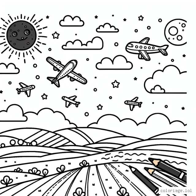 Placez vos couleurs sur le ciel dégagé et les avions volants dans ce dessin.