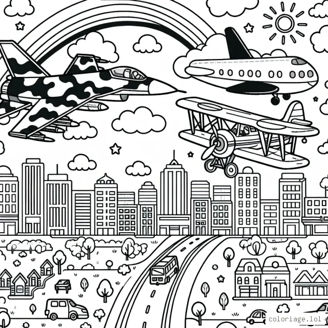 Sur votre feuille de dessin, imaginez un ciel bleu clair avec trois avions différents. Le premier est un avion de chasse rapide avec du camouflage, le second est un grand avion de passager moderne, et le dernier est un vieux biplan. Ils survolent une ville animée avec des immeubles, des parc, et un aéroport avec une piste d'atterrissage. N'oubliez pas l'arc-en-ciel, les nuages et le soleil souriant.