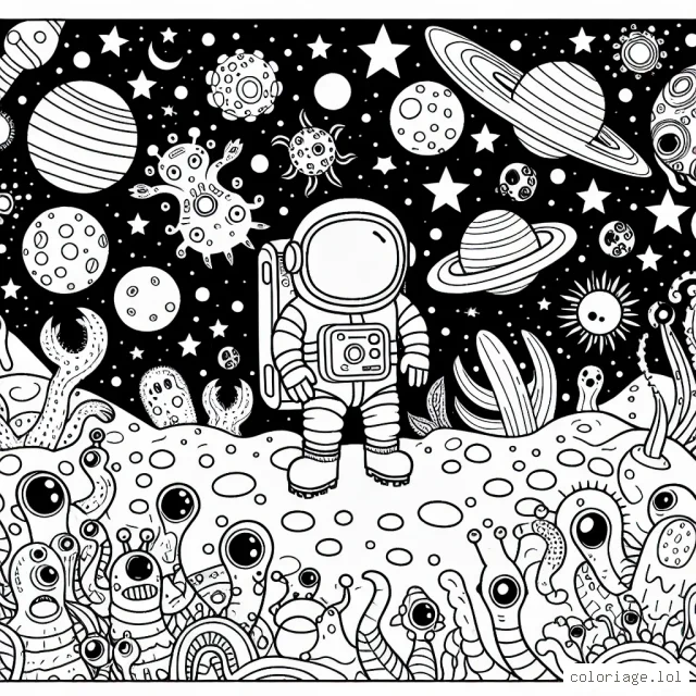 Un jeune astronaute explorant une planète inconnue avec de nombreuses créatures étranges autour de lui