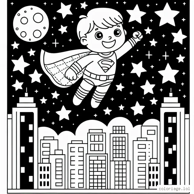 Un petit garçon dans sa tenue de super héros, volant haut dans le ciel de nuit étoilée, au-dessus des toits de la ville.