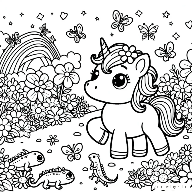 Lucie la licorne se promène dans un jardin féérique rempli de fleurs aux mille couleurs, de papillons magiques et de petits lézards aux écailles brillantes.
