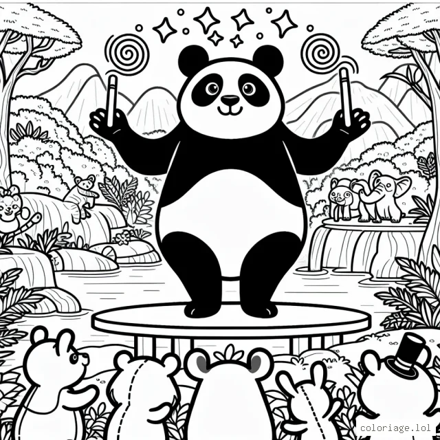 Un panda géant réalise des tours de magie dans une jungle colorée, entourée d'animaux admiratifs.