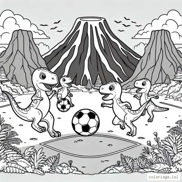 Des Petits Raptors en Train de Jouer au Foot dans le Cratère d'un Volcan