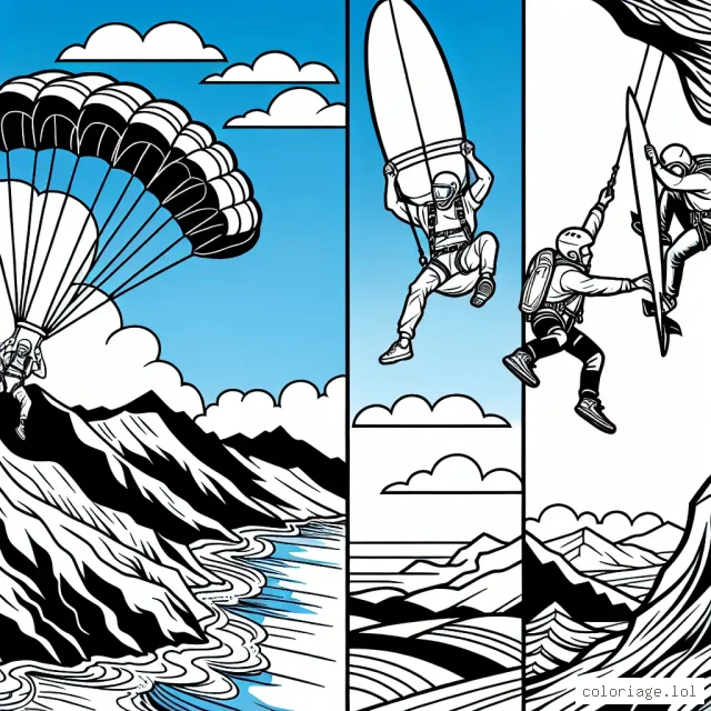 Des aventures sportives extrêmes se déroulent devant toi, prêtes à prendre vie avec tes couleurs ! Peux-tu colorier le sauteur en parachute volant dans le ciel bleu, le surfeur chevauchant une vague gigantesque et l'escaladeur grimpant une falaise abrupte ?