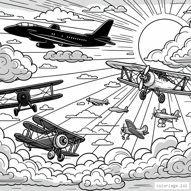 Une scène aérienne animée avec différents types d'avions volant dans le ciel parsemé de nuages. Il y a un avion de chasse, un avion commerciale et un biplan ancien. Le soleil est en train de se coucher, ce qui crée un beau mélange de couleurs dans le ciel.