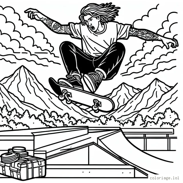 Un audacieux skateur dans un parc de skate, sautant par-dessus une rampe avec un paysage de montagnes en arrière-plan