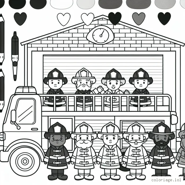 Une caserne de pompiers animée avec des pompiers et leur camion de pompiers